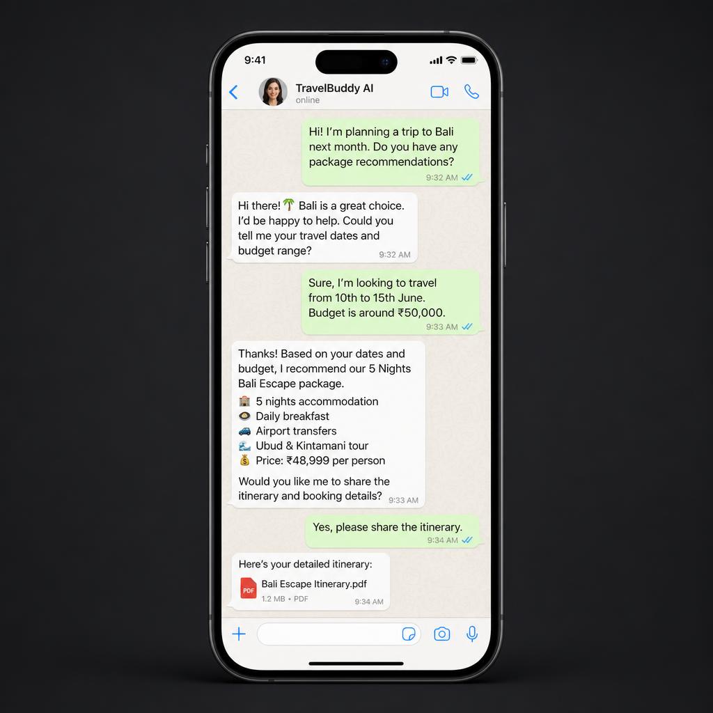 WhatsApp conversation between a customer and an AI agent inside Furore Hub